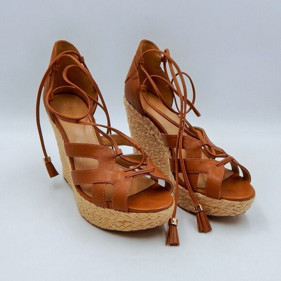 Michael Kors Mirabel Leather Acorn Sandal Lace-Up Wedge Size 9M Espadrille - Picture 1 of 13
